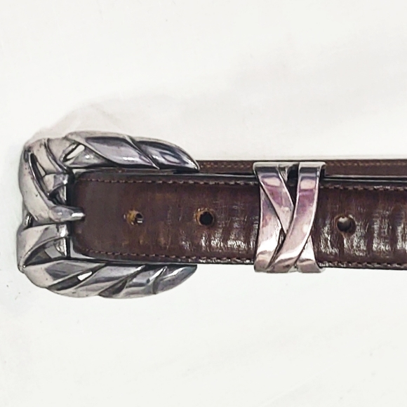 Vintage Onyx Brown Leather Belt with Western Silver Buckle, Loop & Tip- Size 30 - Picture 4 of 11